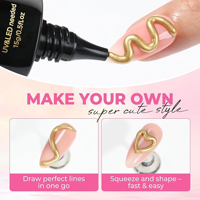 UNA GELLA Metallic 3D Gel Nail Art Bronze Gold 15g No Wipe Sculpting Chrome Gel Nail Polish for Drawing, Molding, Charms and Gems Decoration Lamp Curing Needed