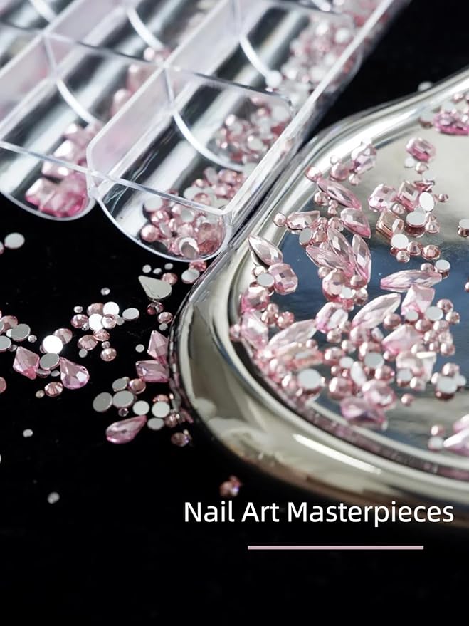 Light Pink Nail Rhinestones, 5380Pcs Flatback Glass Charms Gems Stones, 24 Grids 19 Types of Shaped Nail Art Rhinestones Kit with Tweezers, 6 Sizes for Decoration Face