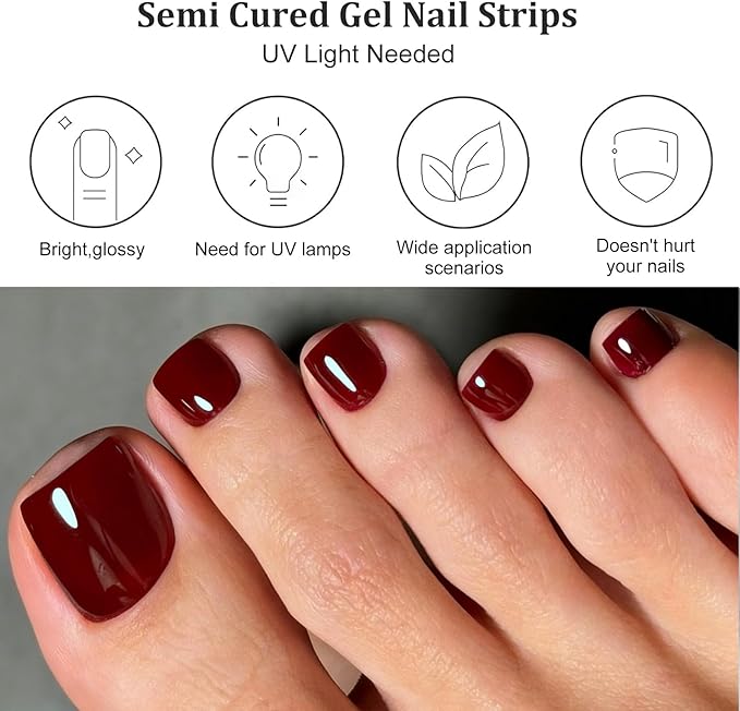 34 Pcs Semi Cured Gel Toe Nail Strips Dark Red Gel Nail Stickers Full Cover Nails Wraps Self Adhesive Toe Nails Polish Strips Stickers for Women UV/LED Light Required