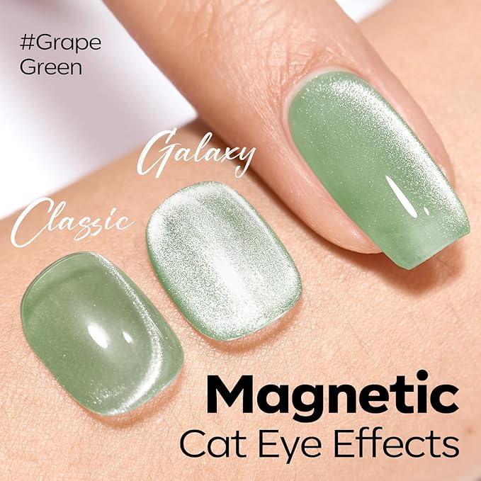 modelones Green Cat Eye Gel Nail Polish Glassy Magnetic Glitter Holographic Mint Green Grape Reflective Translucent Gel Polish Jelly Translucent UV Gel Manicure 15 ML