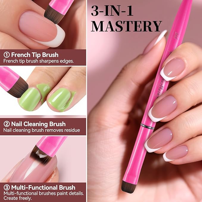 Nail Brush for French Tip, Nail Cleaning Brush for Gel & Acrylic - Professional Kolinsky Sable French Manicure Brush, Thin Nail Art Brush for Precise Clean Up & Polygel Application (Pink, F14)