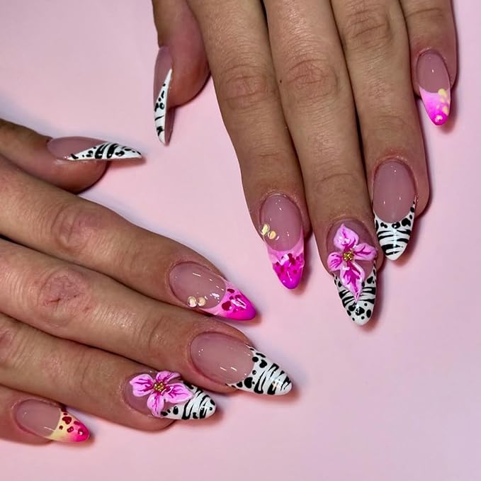 Almond Press on Nails Medium Fake Nails French False Nails Leopard Artificial Nails with 3D Flowers Designs Cute Handmade Nails Flowers Stick on Nails for Women 24pcs