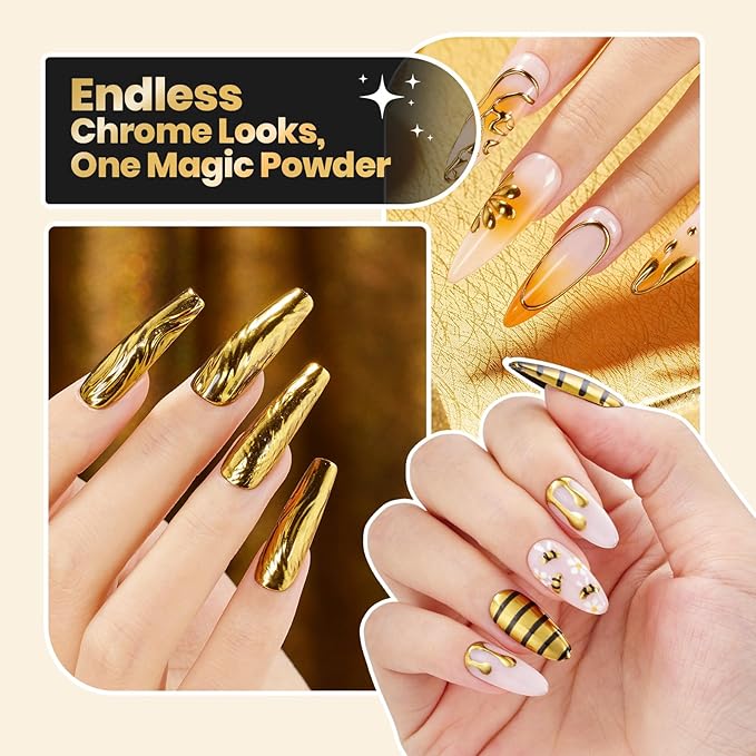 Beetles Gold Chrome Nail Powder Metallic Mirror Effect Chrome Powder for Nails Gel Polish Gold DIY Decoration Nail Manicure Nails Art Design Gift for Women