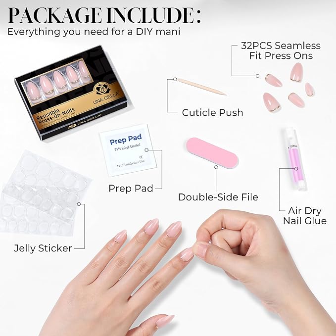 UNA GELLA 32Pcs Soft Gel Press on Nails - 16 Sizes Gold Rim Nude Pink Almond Glue on Nails, Reusable Elegant French False Nails, Full Cover Acrylic Nail Kit for Women DIY Home Manicure