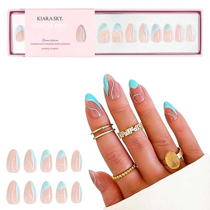 Kiara Sky Press On Nails | XPRESS PRO 100% Acrylic Nails | 30-Piece Kit Includes Nail Glue, Cuticle Pusher, File & Prep Pad | Short Almond - Ocean Waves