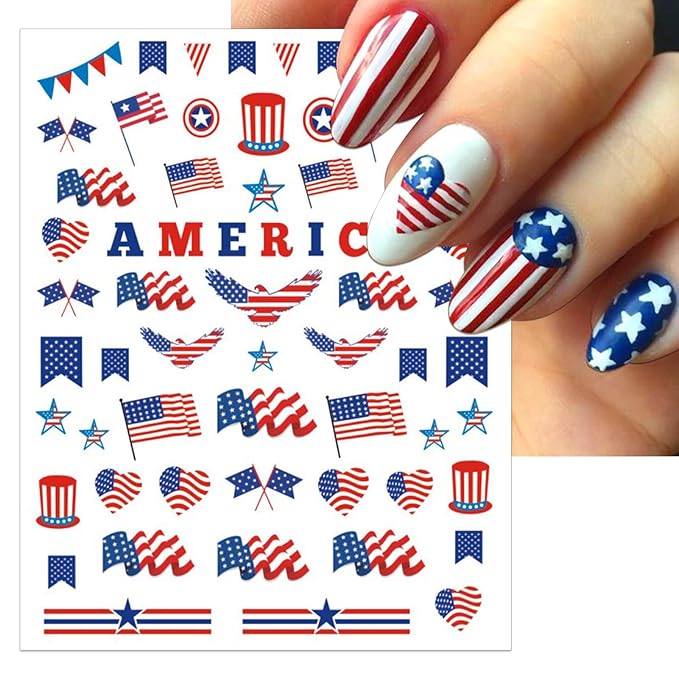 12 Sheets 4th of July Nail Stickers, USA Independence Day Patriotic Nail Decals, 3D Design Self-Adhesive Memorial Day Flag Star Nail Art