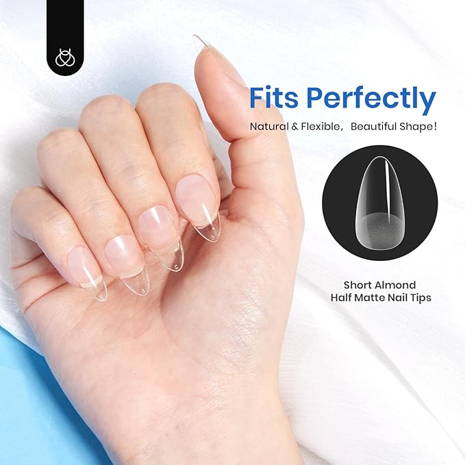 Beetles Gel Nail Tips Easy Nail Extension Etch X Nail Tips 12 Sizes 504Pcs Short Almond Half Matte Nail Tips Gelly Tips Full Cover False Nails Gifts for Girls
