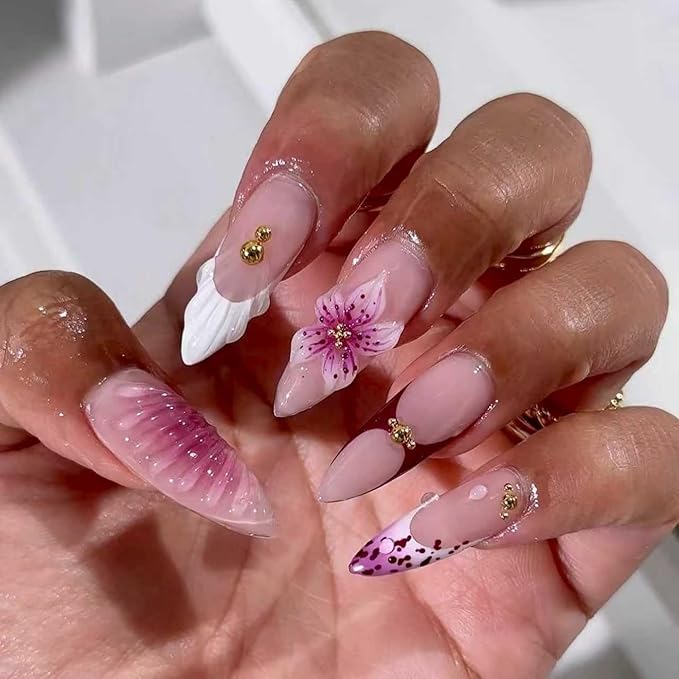 Almond Press on Nails Long Fake Nails French Artificial Nail Purple Floral Designs Stick on Nail for Women 24pcs