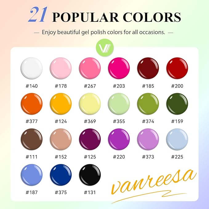 VANREESA 24 Pcs Gel Nail Polish Set, 21 Colors Gel Polish with Base Coat Glossy & Matte Top Coat Pink Red Yellow Orange Green Brown Blue Purple Gel Polish Kit Nail Kit Gifts for Women Girls
