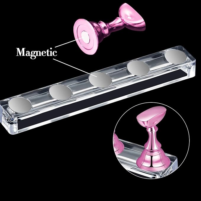 Blulu 2 Set Nail Stand for Painting Press Nail Holder Acrylic Magnetic Tips Training Fingernail Display Stands DIY Crystal Holders and 96 Pieces White Reusable Adhesive Putty(Metal Pink)