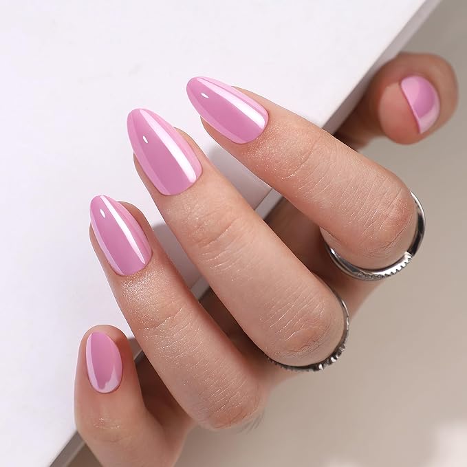 Gel Press On Nails - Pink Almond Short Fake Nails With Glue, 16 Sizes, 32Pcs Reusable Soft Gel False Tips Kit