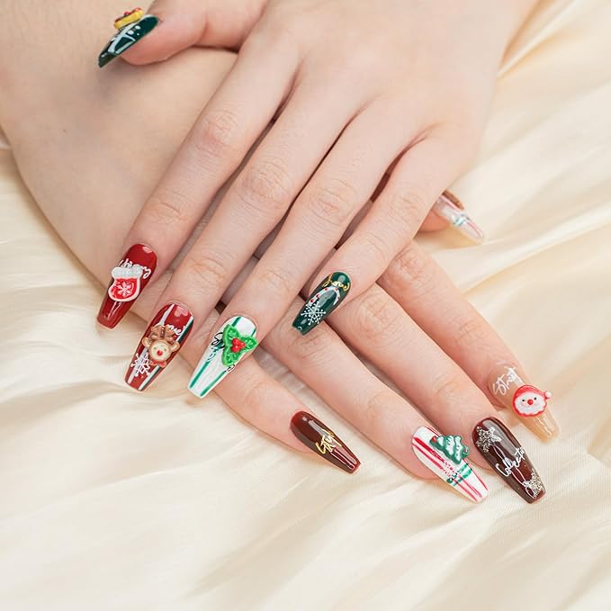 Sun&Beam Nails Handmade Press-on Long Coffin Ballerina Red Green White Brown Christmas 3D Sweet Design Fashion False Nail Tips 10 Pcs Set (#195 S)