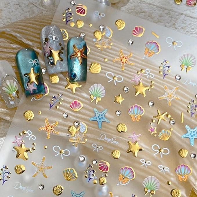 Gold Star Nail Stickers Golden Starfish Nail Supplies 5D Embossed Pearl Shell Nails Designs 3D Self-Adhesive Rhinestone Bow Nail Decals Ocean Nail Art Decoration for Women Girls DIY Manicure 1 Sheet