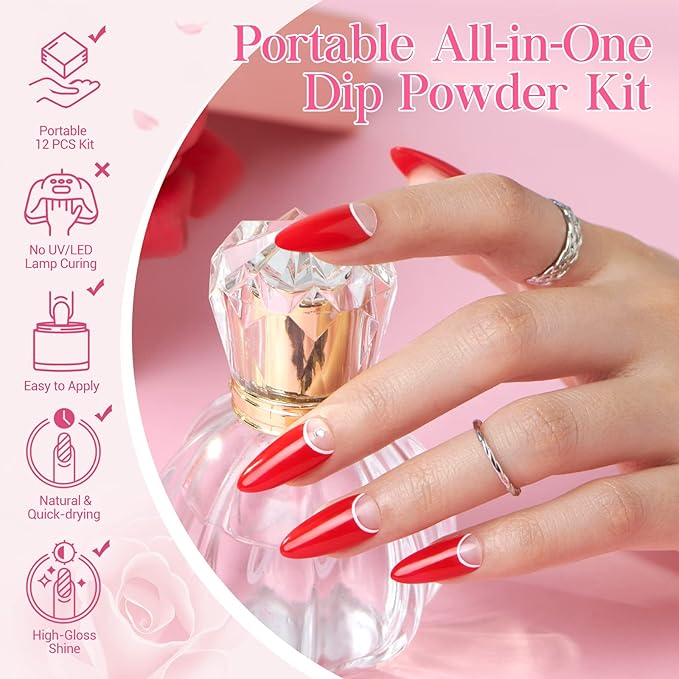 AZUREBEAUTY Dip Nails Powder Starter Kit, 4 Colors Pink Red Black Clear Valentine's Day Dipping Powder System Liquid Set Recycling Tray with Base & Top Coat Activator Manicure Kit for Gift.