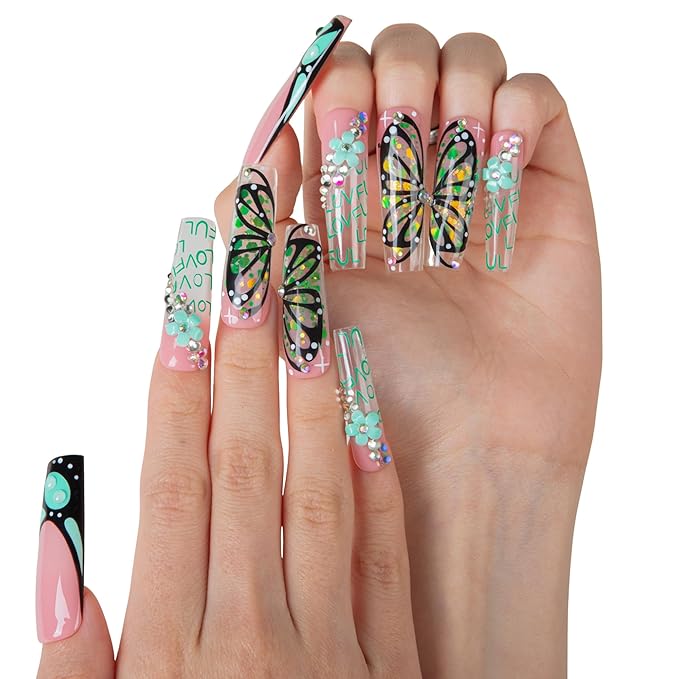 LOVFUL Press on Nails Teal Flutter| Handmade Acrylic Press ons| Reusable Fake False Nails| Square Mid length 1.7in| H724-L