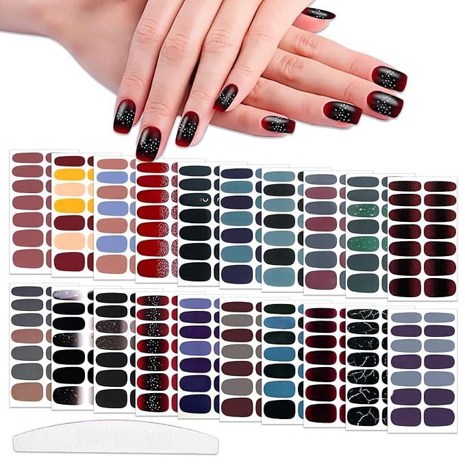 WOKOTO 20 Sheets Dark Solid Nail Polish Stickers, 280Pcs Mixed Color Solid Nail Stickers Full Nail Wraps, Gel Nail Strips Wraps Stick-On Nails Polish Strips Decals for Kids, Women & Girls