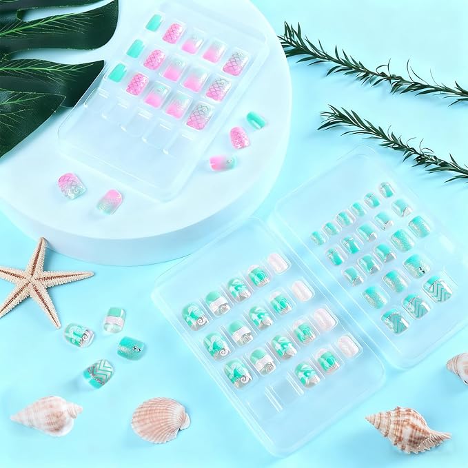 Laza Children Nails Press On Pre-glue Full Cover Light Powder Blue Gradient Sea Wave Pattern Seahorse Shell Glitter Short False Nail Kits for Kids Teenager Girls-Mermaid Pearl