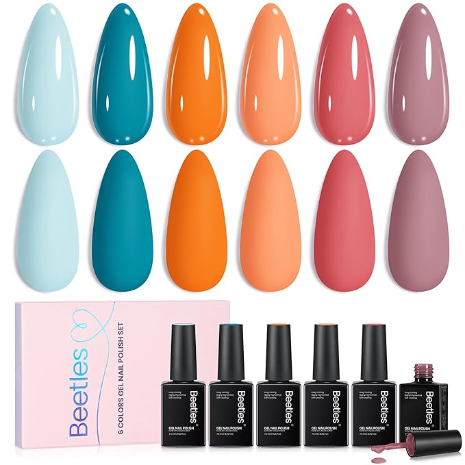 Beetles Blue Gel Polish Set - Hotel California Collection, Baby Sky Blue Orange Dusty Pink Gel Polish Spring Colors Nail Art Manicure Kit Soak Off Uv LED Gel Gift for Girl Women