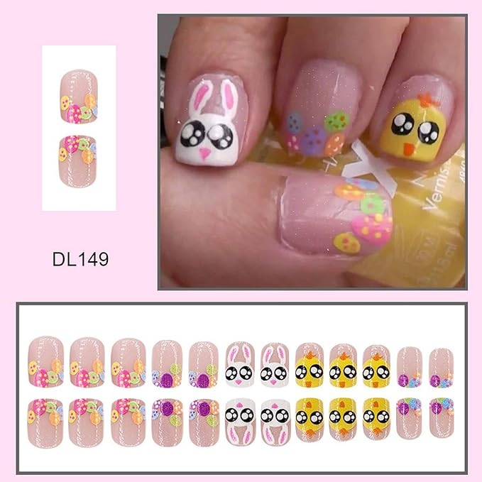 24 Pcs Easter Square Press on Nails Easter Egg Fake Nails Short False Nails with Cute Bunny Chick Designs Glitter Full Cover Stick on Nails Easter Day Eggs Acrylic Nails for Women Nail Art Manicure
