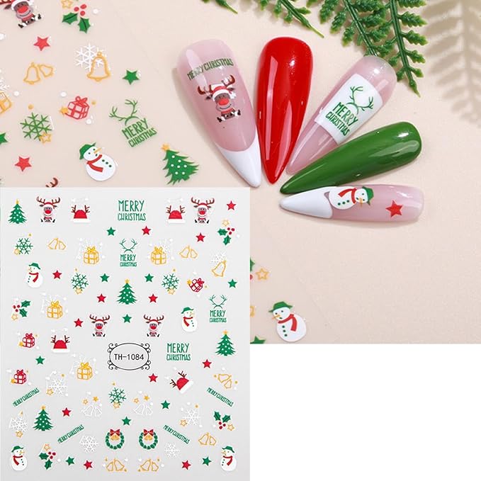 Zoance 8 Sheets Christmas Nail Art Stickers Decals Self-Adhesive Pegatinas Uñas Navidad Snowflake Snowman Nail Supplies Holiday Nail Art Design Decoration Accessories