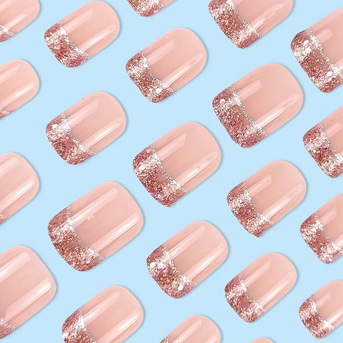 Pink French Tip Press on Nails Short Square MABKJLF Fake Nails False Nails with Glitter Designs Full Cover Glossy Glue on Nails Acrylic Nails for Women Girls 24Pcs