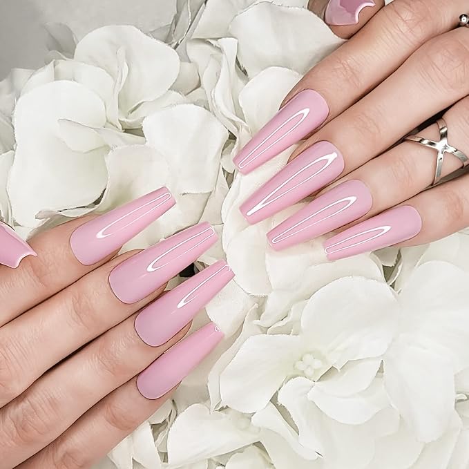 Hypnaughty 24 Pcs Blush Pink Glossy Extra Long Press On Nails and Glue XL Reusable Solid Color False Nails (Blush)