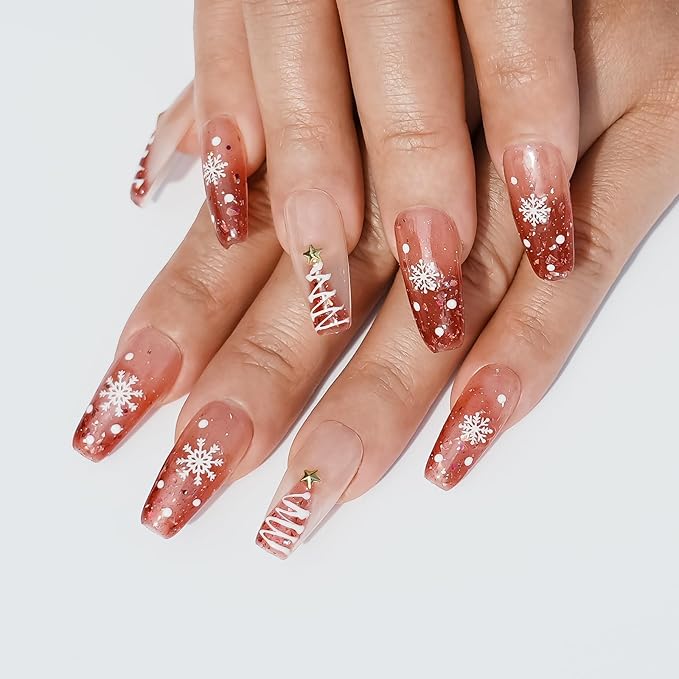 Glitter Press on Nails Short Coffin - Sweet Pink Red Gradient Handmade Nails Xmas Tree & Snowflake Pearl Star Design, Glossy Full Cover False Nails for New Year Nails Art (Festive Dream,M)