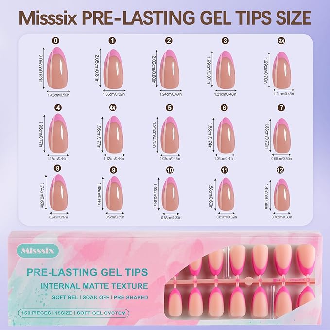 Misssix French Tip Press On Nails, 150Pcs French Gel Nail Tips, Medium Almond Soft Gel Fake Nails, X-BASIC Tips Starter Kit for Nail Art DIY 15 Sizes