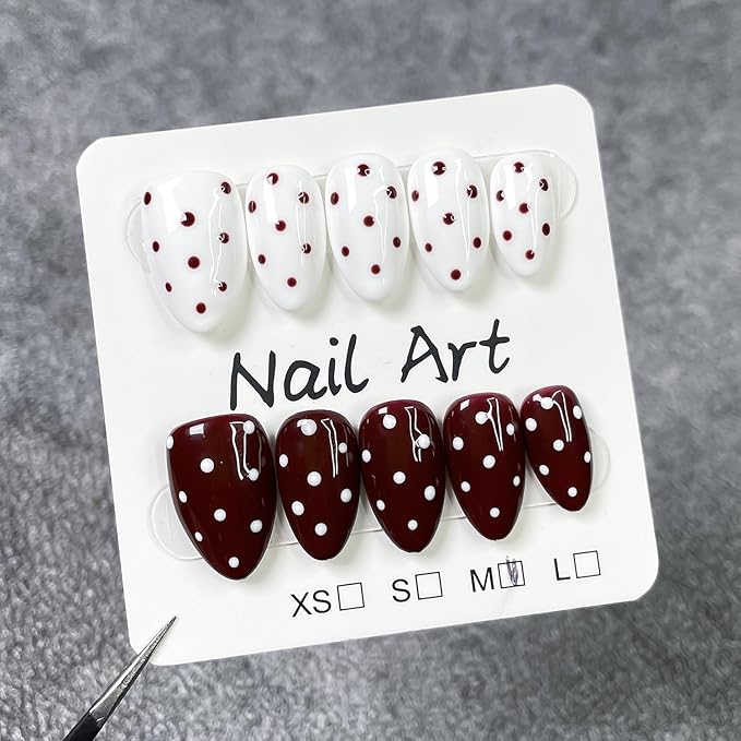 Luxury Press on Nails Short Almond Handmade Unique Reusable ABS Material Fake Nails Win Red&White False Nails with Designs Polka Dots Glossy Glue on Nail Thick Acrylic Nail(M)