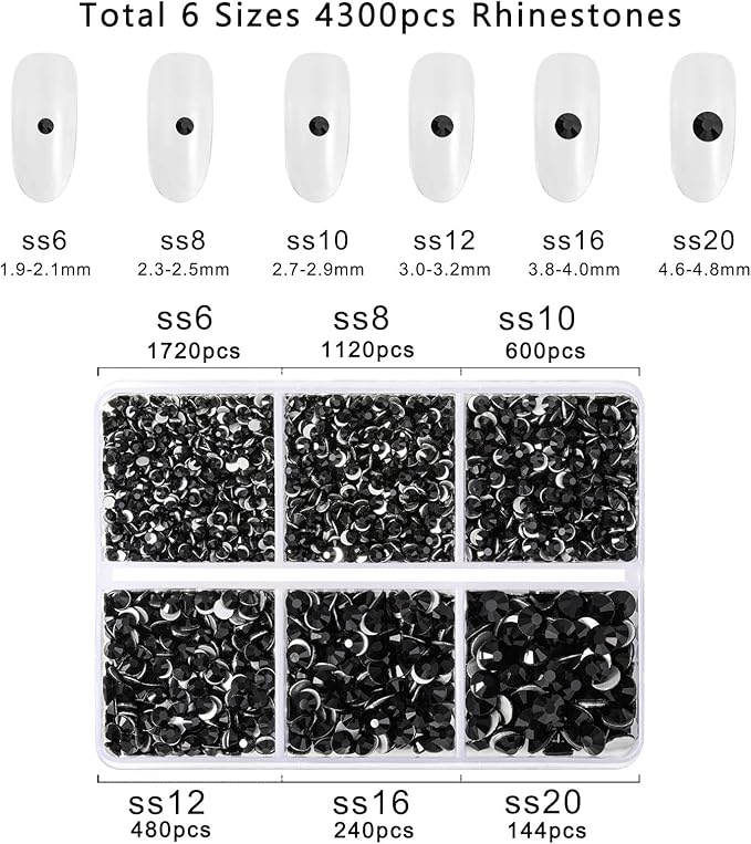 Beadsland 4300pcs Flatback Rhinestones,Black Rhinestone Nail Gems Round Crystal Rhinestones for Crafts,Mixed 6 Sizes with Picking Tweezers and Wax Pencil Kit, SS6-SS20,Jet Black