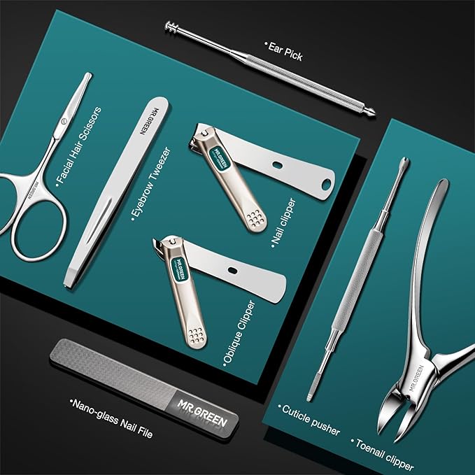 MR.GREEN Nail Clipper Sets 8 in 1 Pedicure Kits Stainless Steel Manicure Sets Personal Care Tools with Microfiber Leather Case (Mr-6658)