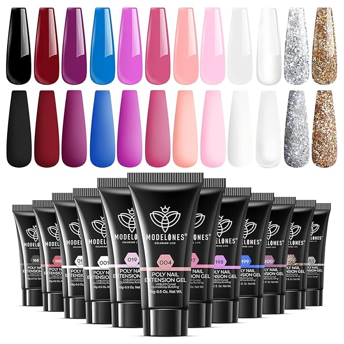 modelones 12 Colors Poly Nail Extension Gel Kit Pink Black White Red Glitter All Seasons Classic Colors Builder Nail Gel Set Holiday Manicure DIY Design Salon at Home Beauty Gifts