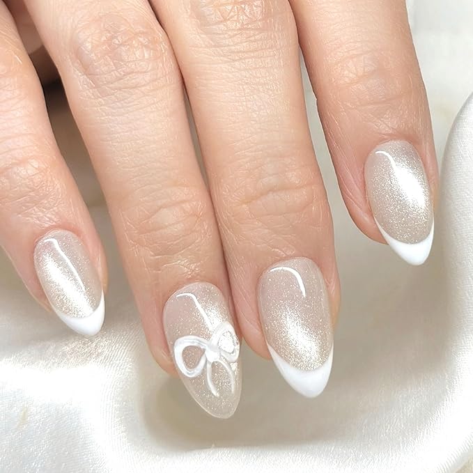 Press On Nails Short Almond Pearlescent Shimmer Cat Eye with French Tip White 3D Bow|Reusable Soft Gel Nails in 12 Sizes-24 Nail Kit with Glue|Designed in L.A, Handmade in Vietnam|Pearl Belle