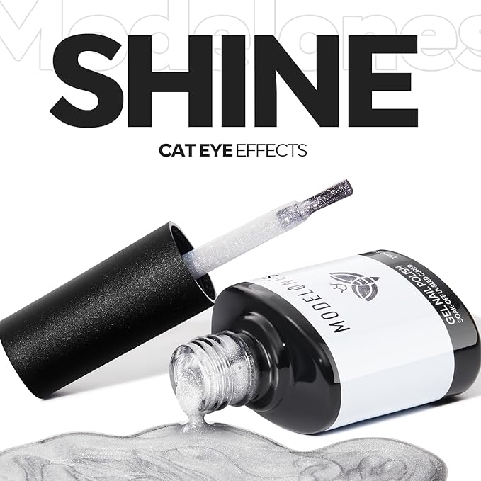 modelones Silver Cat Eye Gel Nail Polish Glitter White Cat Eye Gel Polish Clear 9D Holographic High Density Crystal Nail Polish with Magnet Soak Off U V Shimmer Polish valentine Nail 15ML