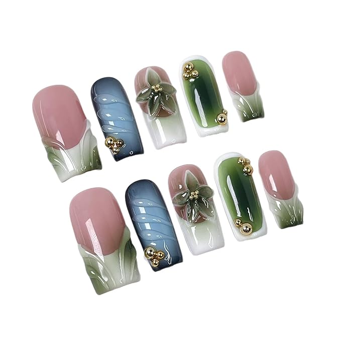 Square Handmade Press on Nails Medium Fake Nails French Tip Glue on Nail with Green Ombre Design Nails Press Ons 3D Flower False Nails Luxury Full Cover Reusable Artificial Nail for Women (Size M)