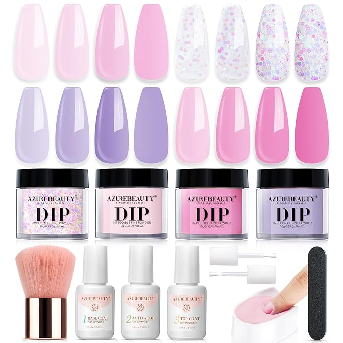 AZUREBEAUTY Dip Powder Nail Kit Starter, Pastel Lavender Pink Glitter, 4 Colors Spring Summer Dipping Powder Set, French Nail Art Base Top Activator Liquid Manicure DIY Salon