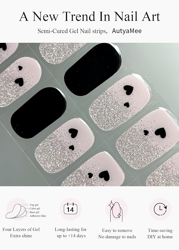 Semi Cured Gel Nail Strips (Black Love Heart), 20 Pcs Gel Nail Wraps, Stickers, UV Light Required, Salon Quality, Long Lasting, Valentines Day Gift