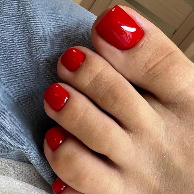 Modelones Press on Toenails Short, Red Toe Press on Nails Square, Reusable Nail Kit with Nail Glue Adhesive Tabs Mini Nail File, Toe Nails 36Pcs 18Sizes, Spring Women Girl Gift