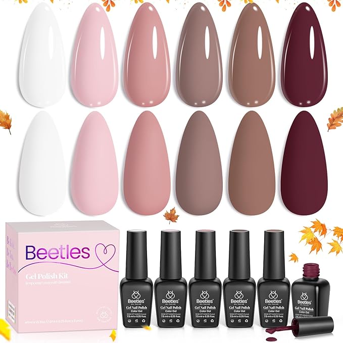 Beetles Neutral Gel Polish Set - Nude Pink Brown Neutral White Colors 6 Colors Gel Nail Polish Set for Nail Art Manicure Soak Off Uv LED Nail Lamp Needed Gifts for Women Coffee Time