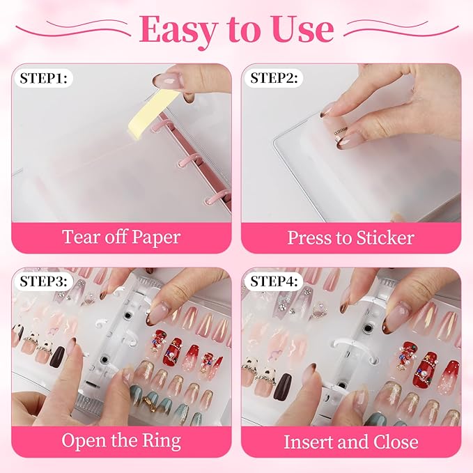 Press On Nail Organizer, 2Pcs Press On Nail Binder Book with 12 Insert Pages-A8 Sized & Double Sized Tape, Fake Nails Swatch Display Collecting Storage Book(Pink+White)