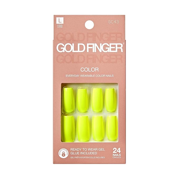 GoldFinger False Nails Kit, Ready to Wear Neon Yellow Fake Nails, Manicure Stick and Glue Included, Long Square Shape, Long-Lasting Hottest Trend Glue on Nails