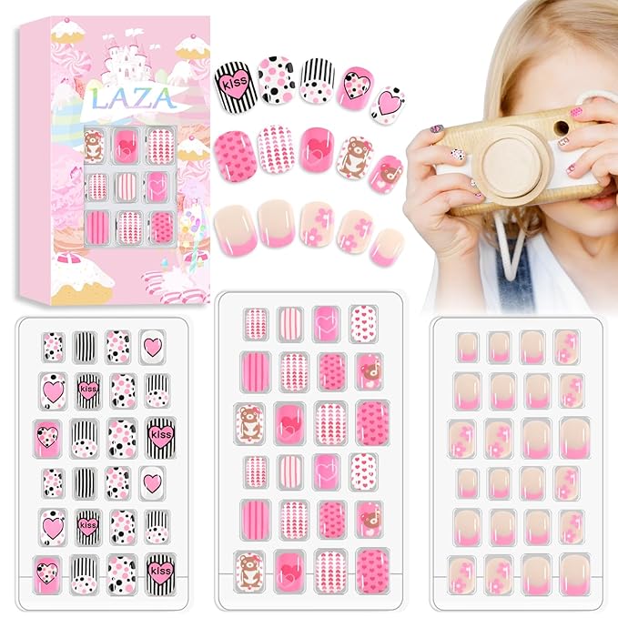 Laza 72pcs Children Nails Press On Pre-glue Full Cover Pink Heart Blue Short False Nail Kits for Kids Teenager Girls - Cute Bear