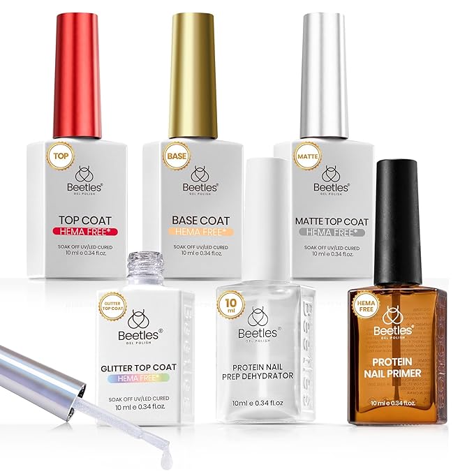 Beetles Protein Nail Prep Dehydrator & Primer with Matte and Glitter Gel Top Base Coat Set, Hema-Free Acid-Free Dehydrator Bond Primer for Acrylic, Gel Nail Polish Gifts