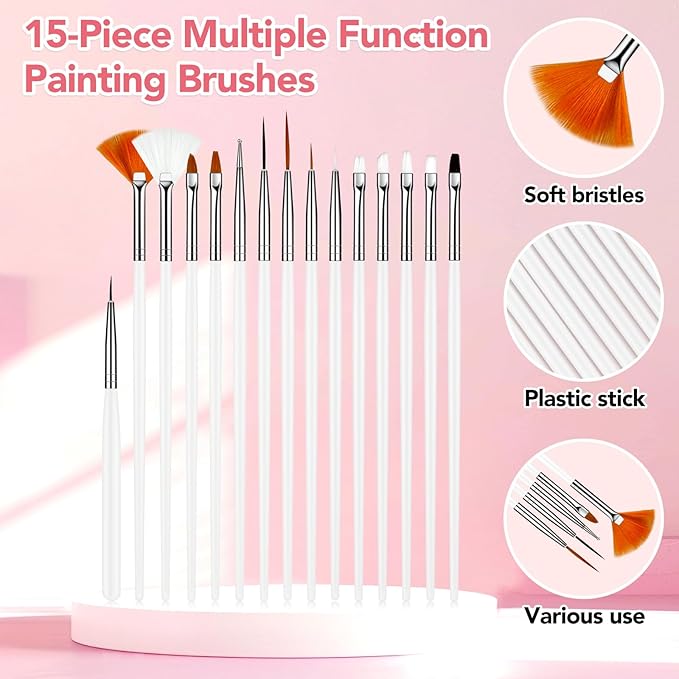 White Nail Art Brush 22 Pcs Set, 2 Head Acrylic Silicone Engraving Dotting Pen Tools Dust Brush, Striping Liner Drawing Pens, Resin Palette, for Nail Art DIY Home Salon Makeup Display Board