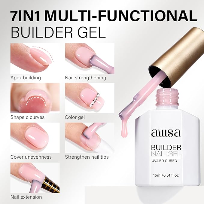 AILLSA Milky Pink Builder Gel for Nails 7 In 1 Hard Gel Polish for Nail Thickening Nude Strengthener Gel Polish Light Color Extension U V Gel for for French Manicure Base Coat Needed 0.51 Oz GB90