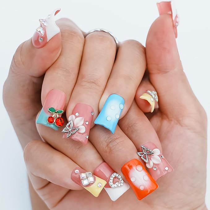 Handmade Press on Nails Short Duck - 3D Floral Metallic Butterflies False Nails Luxury Rhinestone Cherry Petal Flower Design, Reusable Thick Acrylic Full Cover(Spring Bloom Pop,L)