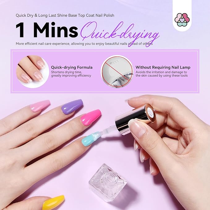 SAVILAND Clear Nail Polish Base Top Coat: 2 in 1 Quick Dry Nail Polish Long Lasting Fingernail Toe Polish Color Protection Resists Smudging, Chipping and Fading Shine Finish Polish Salon Home Nail Art