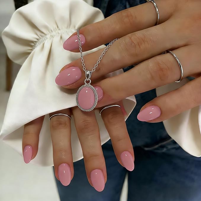 KQueenest Press On Nails Short - Mauve Pink Press On Nails Oval, 32 Pcs 16 Sizes Natural Short Fake Nails Press ons Almond, Reusable Opaque Glossy Gel Glue on Nail with Glue for Everyday Office Wear