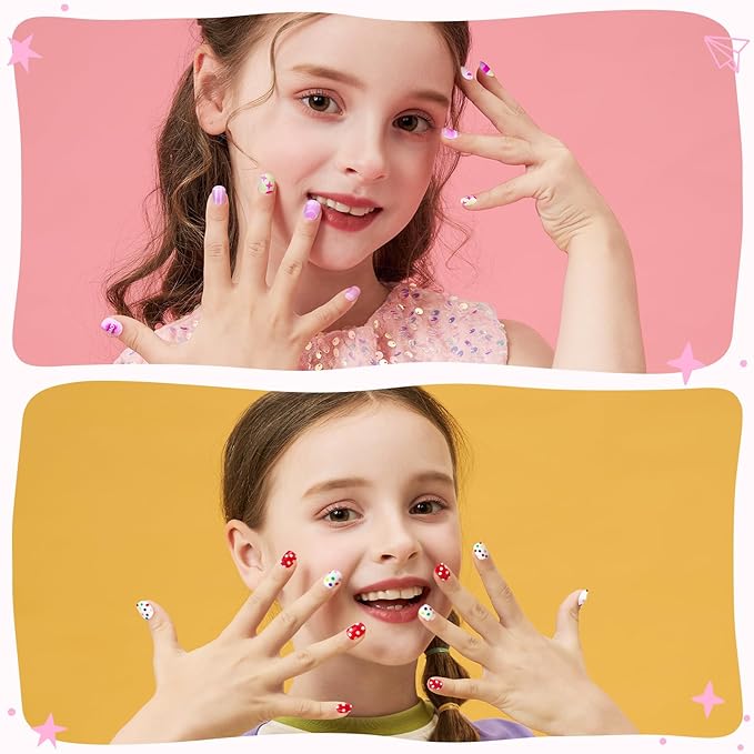 Teenitor 216pcs Press on Nails for Girls, 9 Colors 10 Sizes Press On Nails for Kids Fake Nails Little Girl Nails, Short Acrylic Nails with Nail Adhesive Tabs, Nail File Buffer