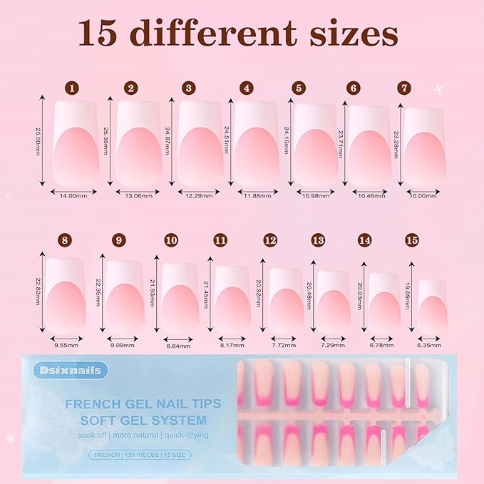 300Pcs Long French Tip Press on Nails, Square Soft Gel Nail Tips in 15Sizes, 3 in 1 Pre-lasting Acrylic Fake Nails, No Need to File False Nail Tips Extension for Women Nails Art DIY